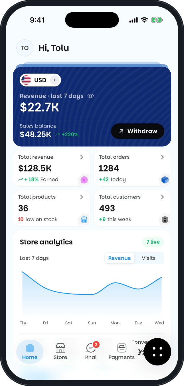 Khaime app home screen with revenue, balance and store analytics