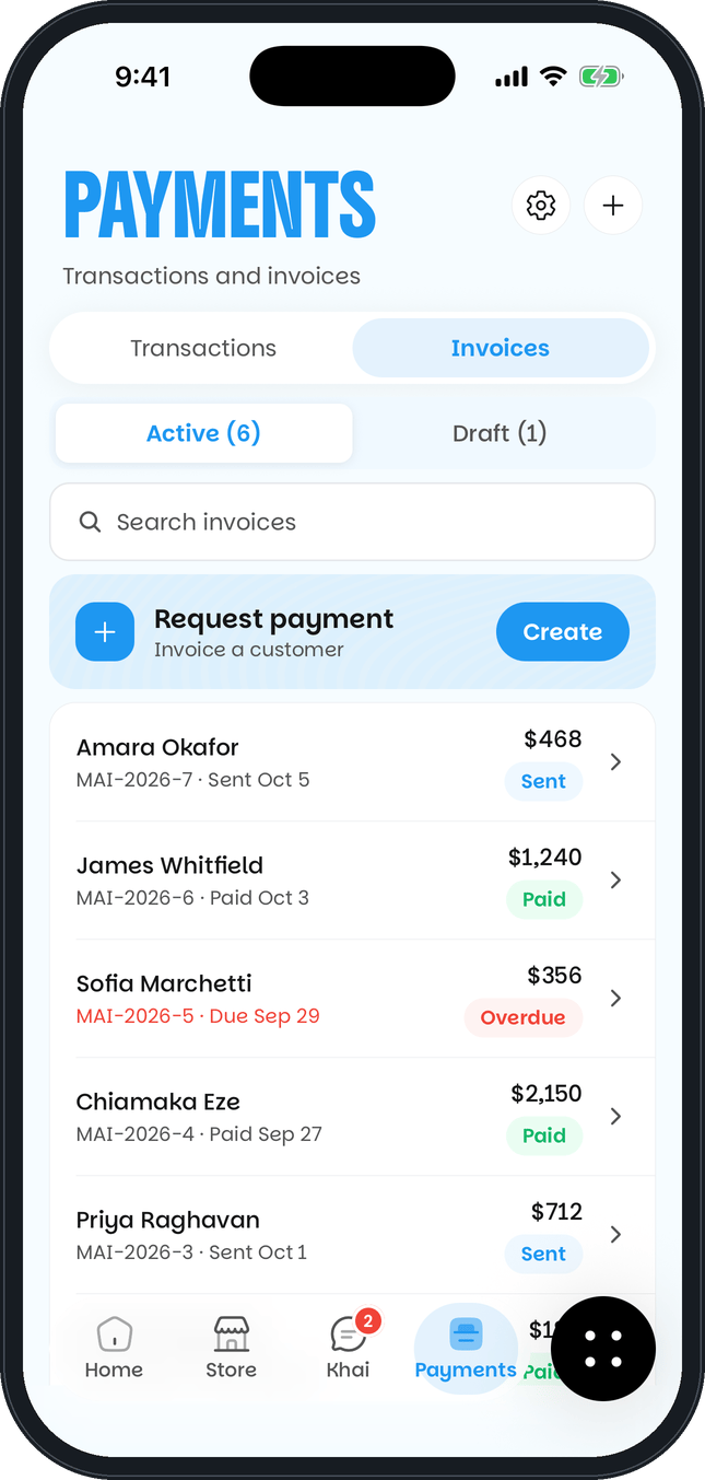 Khaime app invoices screen
