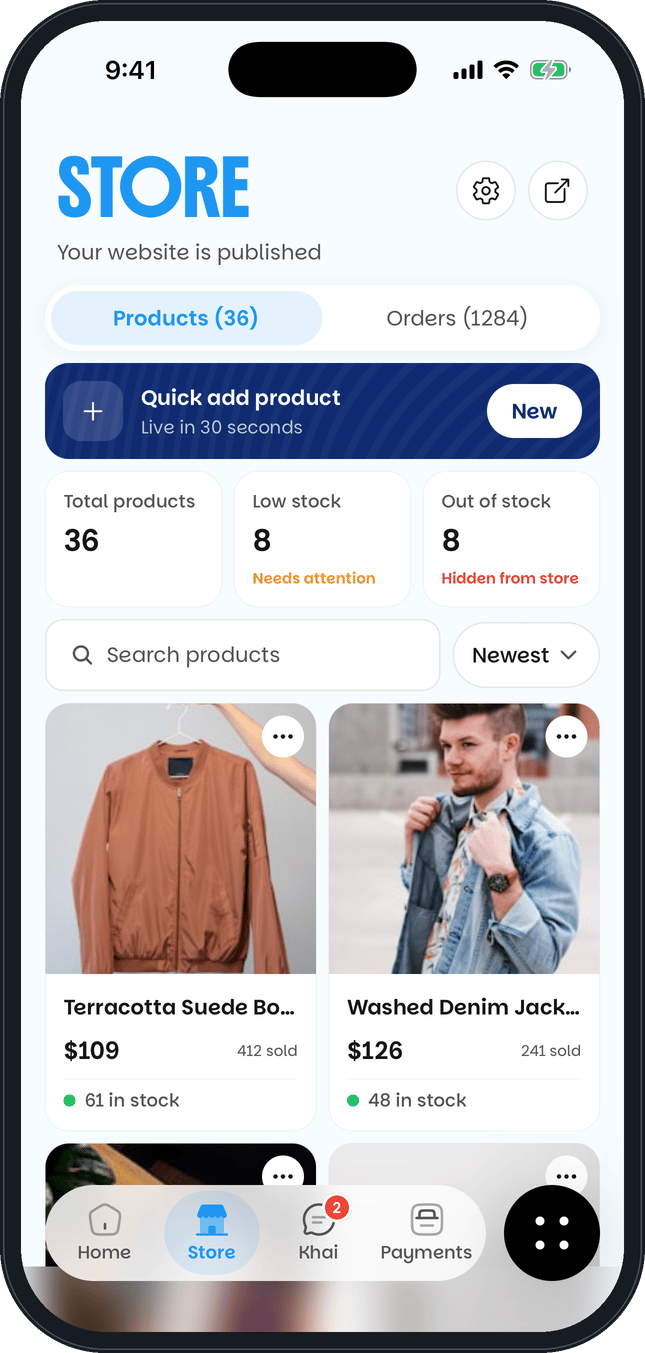 Khaime app store screen listing products