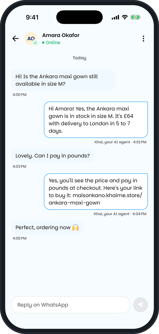 A Khai chat in the Khaime app: a shopper in London asks to pay in pounds and Khai replies with a link to buy