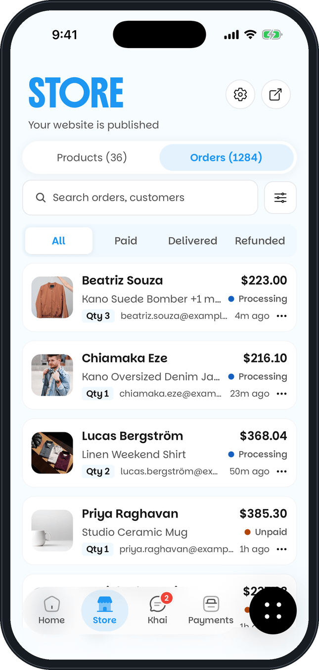 Khaime app orders screen listing new orders from buyers in different countries